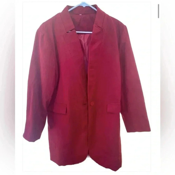 Cotton Blend Women’s Long Button‎ Deep Red Super Soft Blazer Coat Large NWOT - Picture 1 of 11